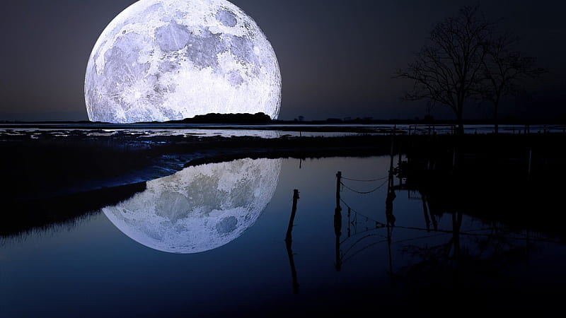 huge moon reflection, moon, reflection, huge, lake, HD wallpaper