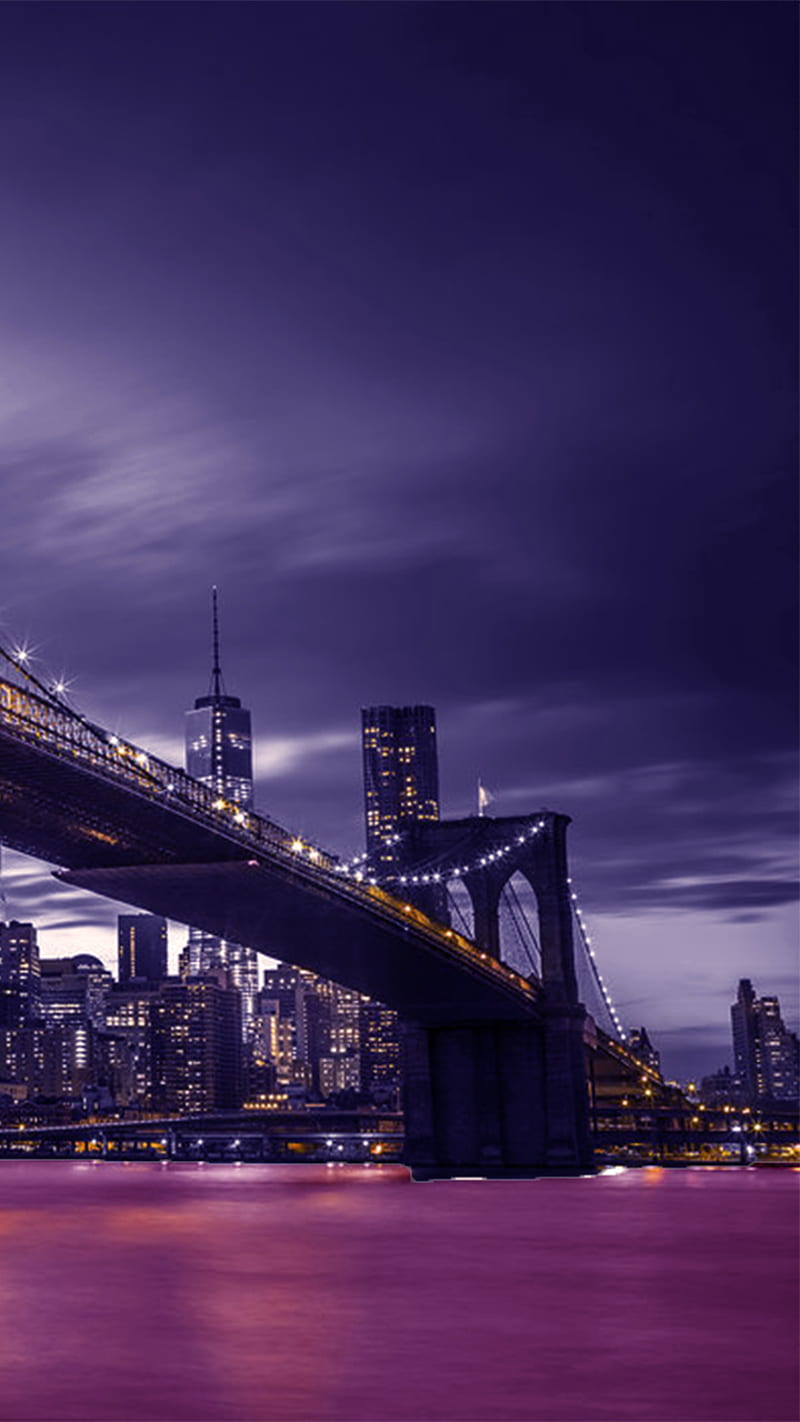 Brooklyn Bridge, sky, blue, city, new york city, nyc, purple, new york, HD phone wallpaper