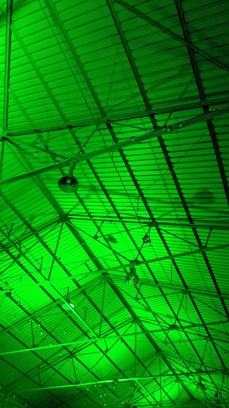 Glowing Green Roof, warehouse, metal, factory, spooky, atmospheric, shadows, siren, HD phone wallpaper