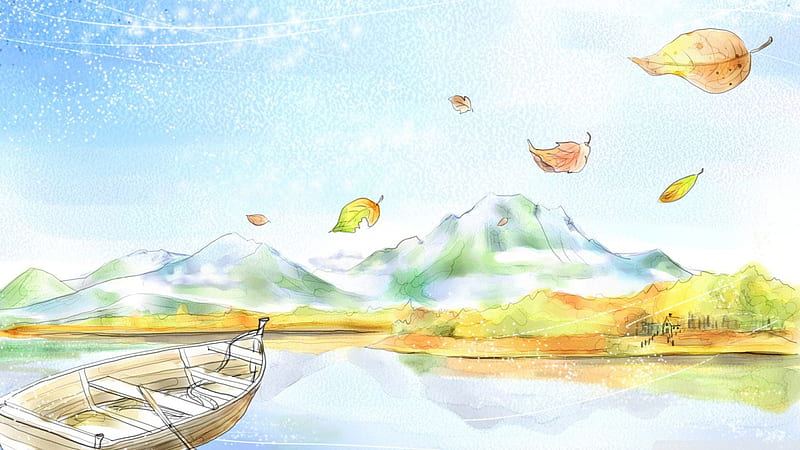 Autumn, art, yellow, lake, leaf, draw, mountain, boat, water