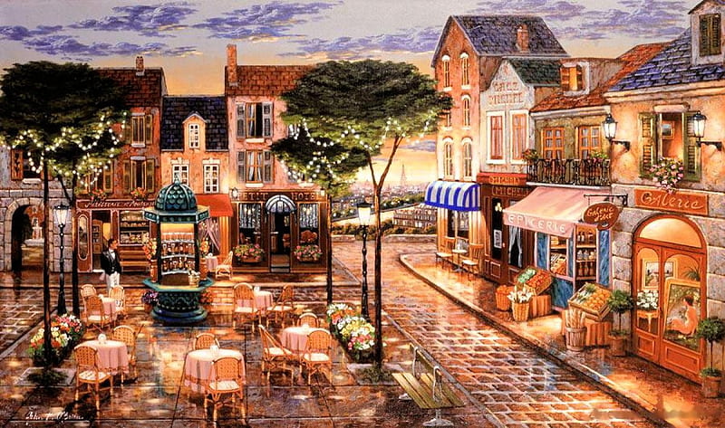 Evening on the Square, restaurant, houses, city, tables, painting, chairs, HD wallpaper