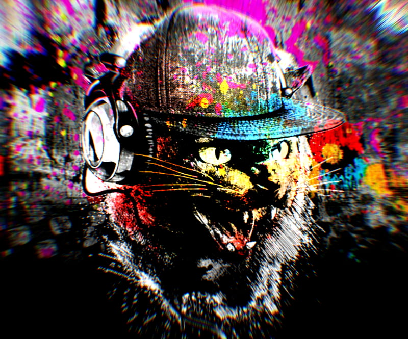 BrutalCat, music, brutal, cat, head, headphones, HD wallpaper