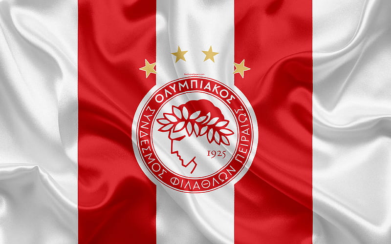 Olympiakos Piraeus FC Greek football club, emblem, logo, Super League, championship, football, Piraeus, Greece, silk texture, flag, HD wallpaper