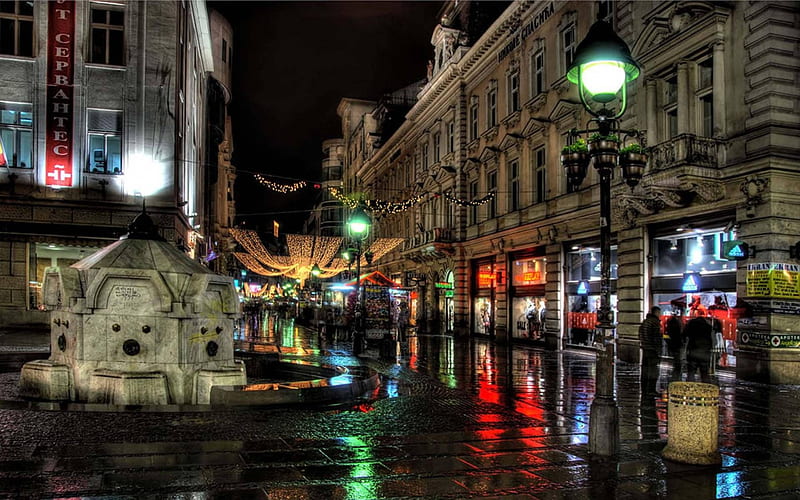 town square on a rainy night r, cobblestones, town square, r, rain, street, lights, stores, night, HD wallpaper