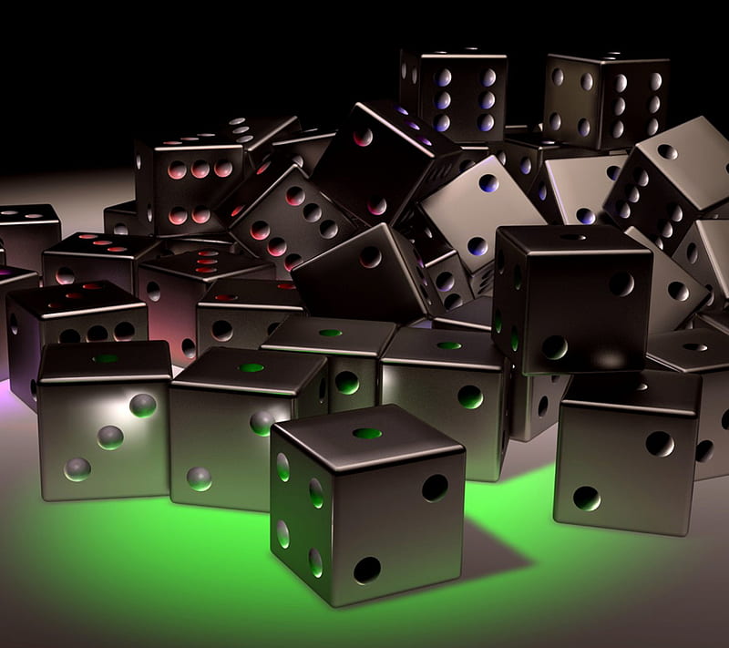 Black dices, 3d, dices, glow, green, metallic, HD wallpaper
