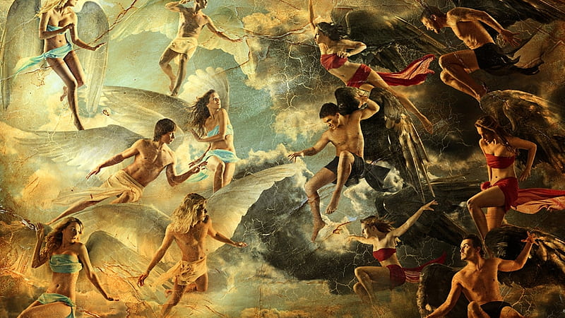 Battle of the Angels, disagreement, fantasy, battle, men, heaven, angels, women, HD wallpaper