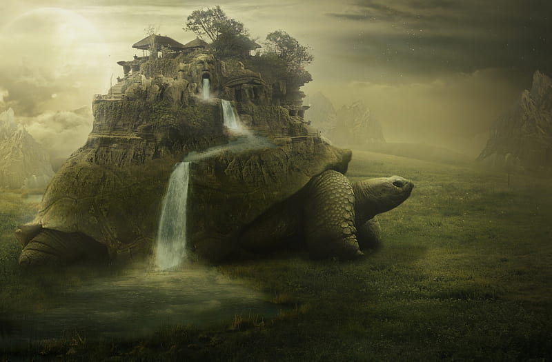 Fantasy turtle, fantasy, city, stone, green, waterfall, ruins, turtle, creative, HD wallpaper