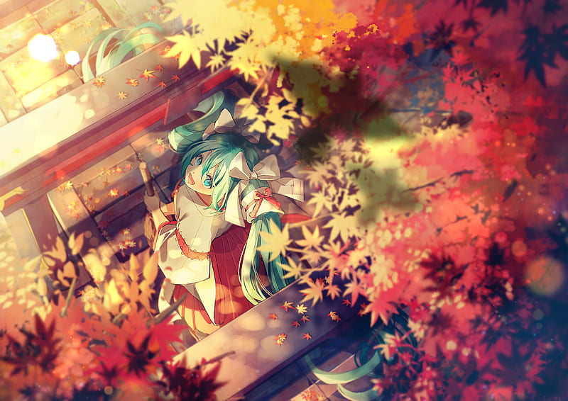 Hatsune miku, vocaloid, autumn, broom, miko, smiling, shrine, Anime, HD ...