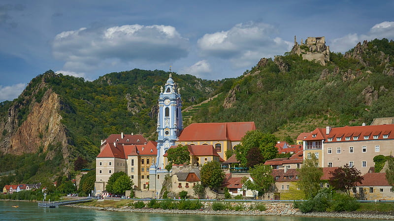 Austria Building Danube Dürnstein House Monastery Mountain River Ruin Travel, HD wallpaper