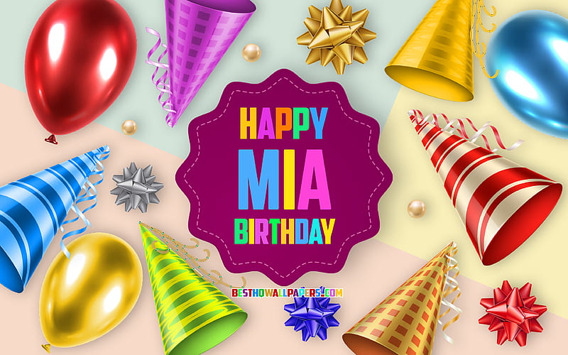 Happy Birtay Mia, Birtay Balloon Background, Mia, creative art, Happy Mia birtay, silk bows, Mia Birtay, Birtay Party Background, HD wallpaper