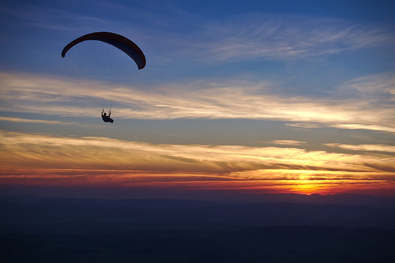 parachutist, parachute, silhouette, sunset, sky, dark, HD wallpaper