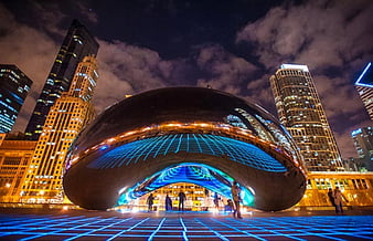 This is the image of Popular attractive place, HD-wallpaper-the-bean-cloud-gate-sculpture-chicago-the-bean-sculpture-millenium-park-cloud-gate-lights-chicago-night-thumbnail
