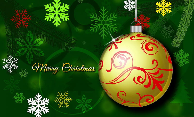 Merry Christmas, christmas, holiday, decoration, new year, winter, ball, green, snow, snowflakes, HD wallpaper