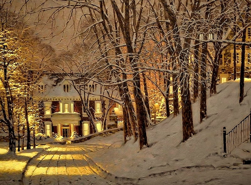 Warm Lights in the Cold, Painting, Snow, House, Winter, HD wallpaper