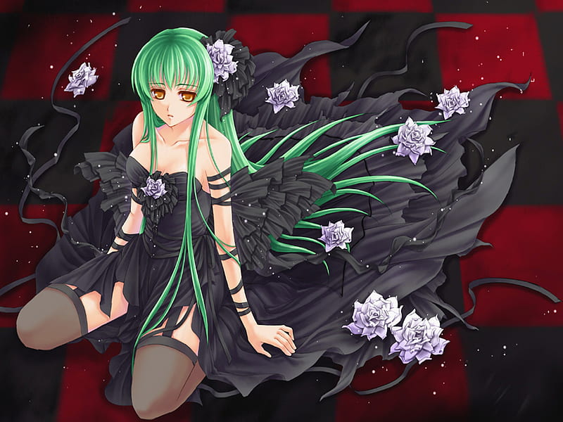 C.C of Gothic, pretty, code geass, gothic, code geass lelouch of the rebellion, rose, black dress, sexy, c c, HD wallpaper