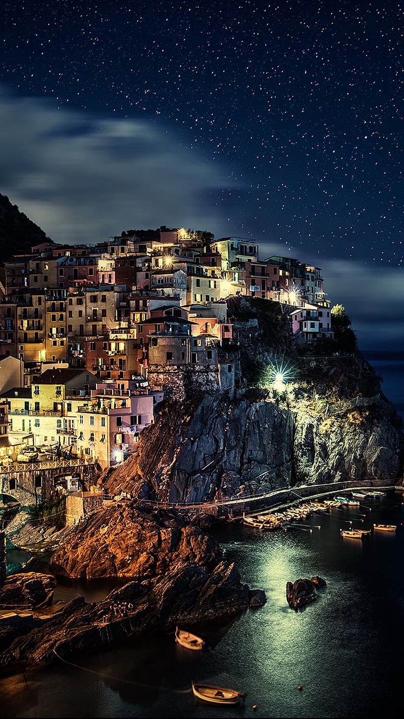 Italy Manarola, stars, water, coastal houses, HD phone wallpaper
