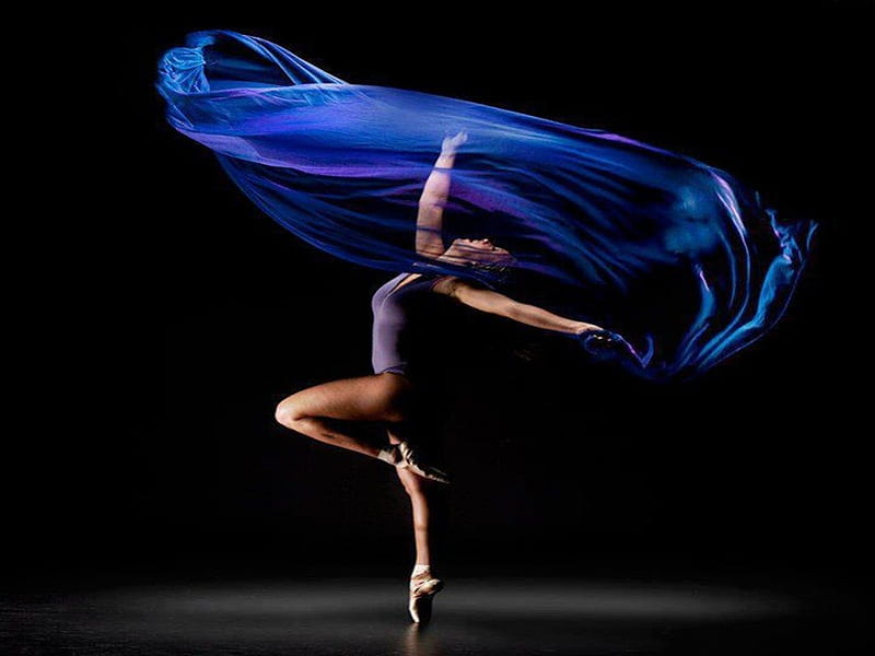 Dance, pretty, black background, beautiful posture, dancing girl, purple dress, blue, HD wallpaper