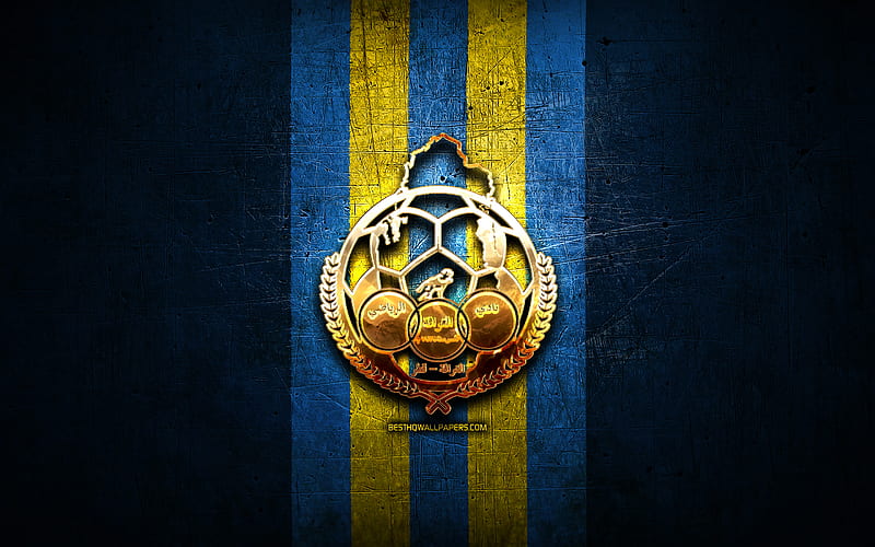 Al-Gharafa FC, golden logo, QSL, blue metal background, football, qatari football club, Al-Gharafa logo, soccer, Al-Gharafa SC, HD wallpaper