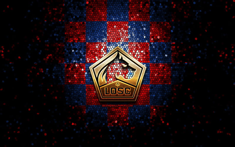 Lille FC, glitter logo, Ligue 1, red blue checkered background, soccer, LOSC Lille, french football club, LOSC Lille logo, mosaic art, football, France, HD wallpaper