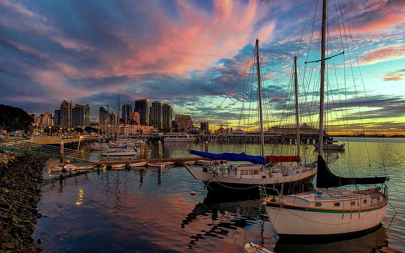 San Diego's Waterfront at Sunset, Water, San Diego, Boats, Sunset, HD wallpaper