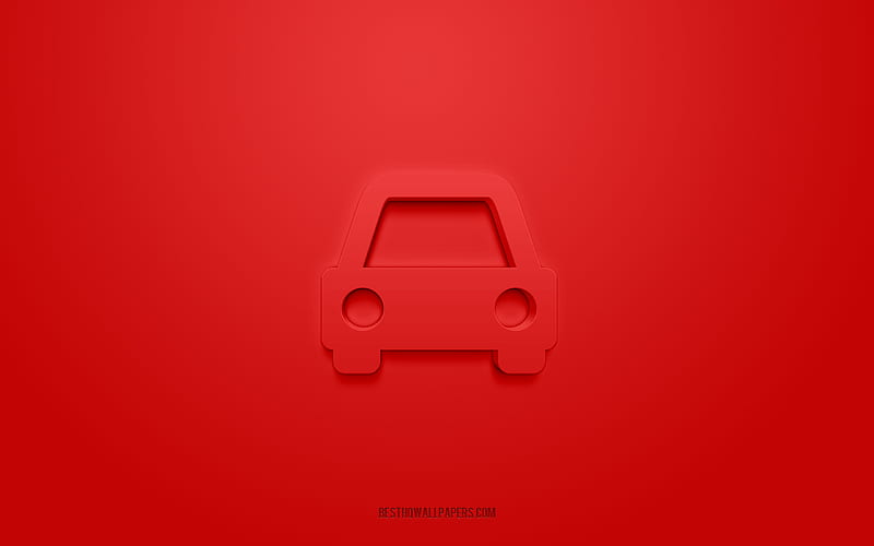 Car 3d icon, red background, 3d symbols, Car, Transport icons, 3d icons, Car sign, Transport 3d icons, HD wallpaper