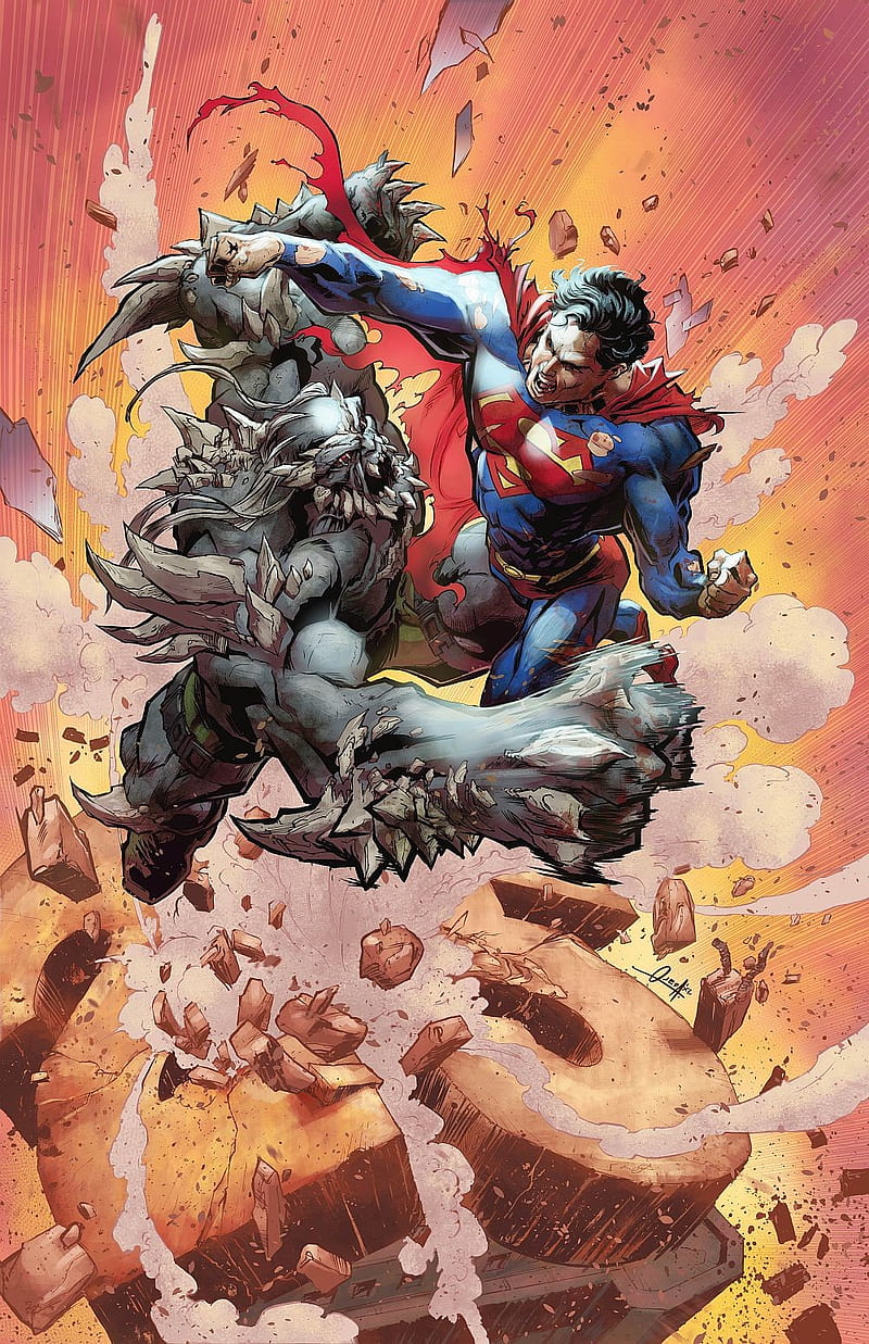 Doomsday vs Superman, clark, comics, dc, fight, mosnter, rocks, super, HD phone wallpaper