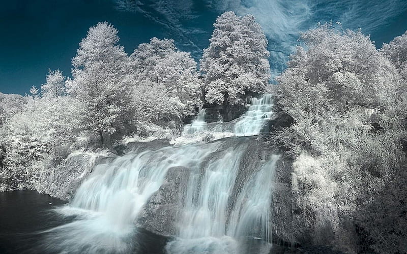 Waterfall, thermal, infrared, white, trees, blue, HD wallpaper
