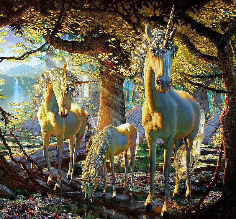 Unicorns, unicorn, adrian chesterman, forest, art, fantasy, luminos, HD wallpaper