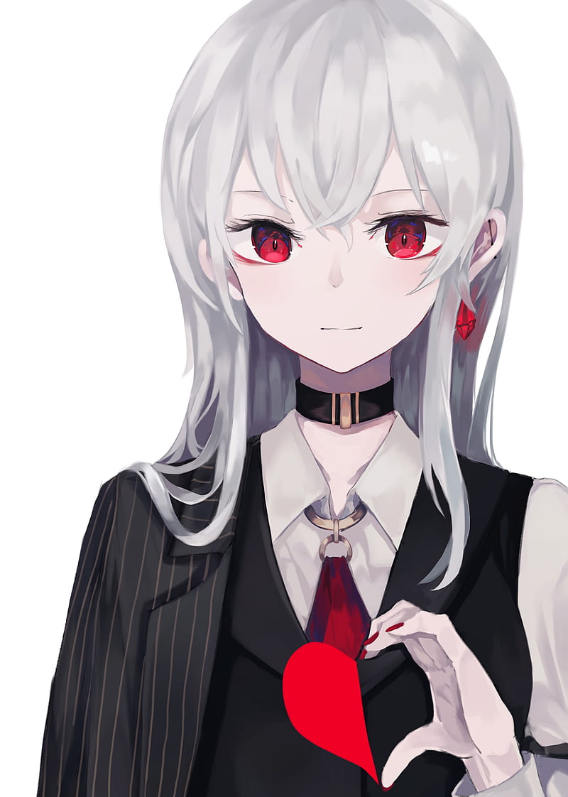 Anime girl, suit, red eyes, heart, white hair, choker, Anime, HD phone  wallpaper | Peakpx
