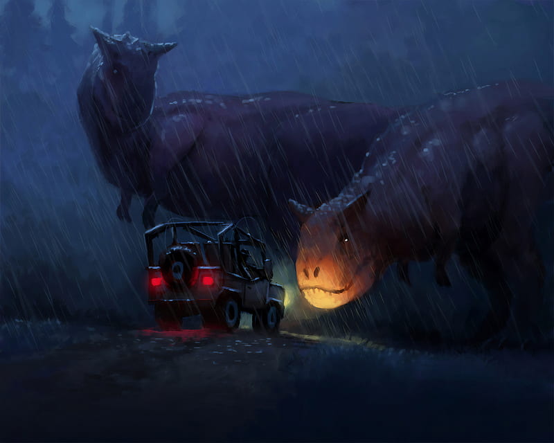 Dinosaur Stoping The Car, artist, artwork, digital-art, dinosaur, HD wallpaper