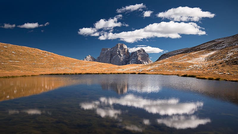 Small mountain Lake in the Dolomites in Italy, reflections, landscape, south tyrol, clouds, sky, alps, water, rocks, HD wallpaper
