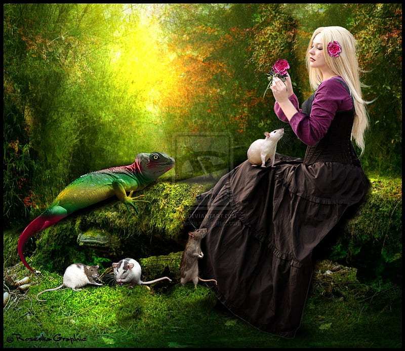 ..Familiarity in Forest.., pretty, dragon, women, sweet, splendor, grasses, manipulation, love, emotional, flowers, forests, face, art, lovely, familiarity, lips, trees, softness, cute, splendidly, eyes, red, colorful, dress, rats, bonito, digital art, hair, emo, gentle, Roserika, girls, friends, gorgeous, animals, female, fantastic, colors, carnations, tender touch, HD wallpaper