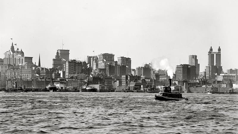 historic New york city in monochrome, city, boat, monochrome, bay, historic, HD wallpaper