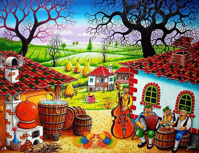 Zoran Zaric (Serbia) Cheerful Machine, painting, art, tree, house, HD wallpaper