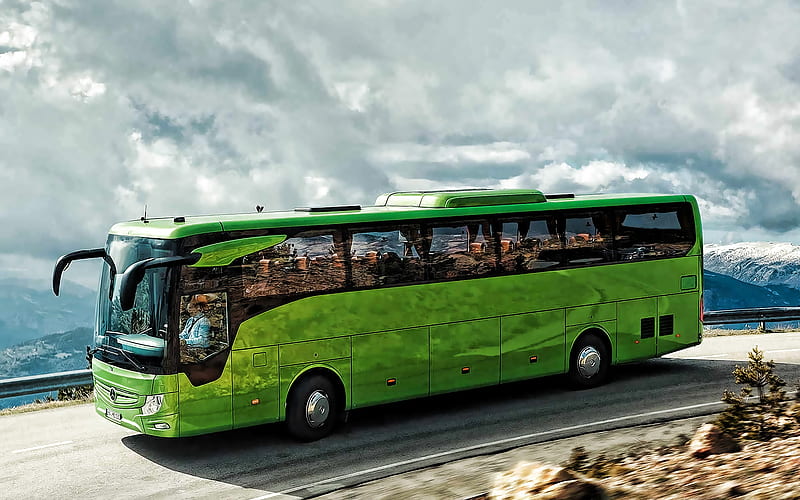 Mercedes-Benz Tourismo, passenger bus, new green, transportation of passengers concepts, buses, Mercedes, HD wallpaper