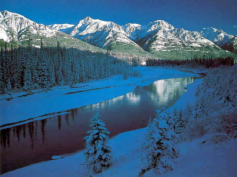 Bow river in the winter, water, trees, snow, mountains, HD wallpaper
