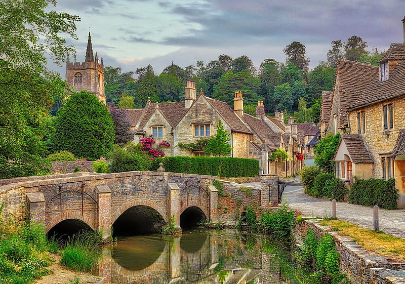 Castle Combe, Cotswolds, England, bridge, houses, water, village, river, reflection, trees, HD wallpaper