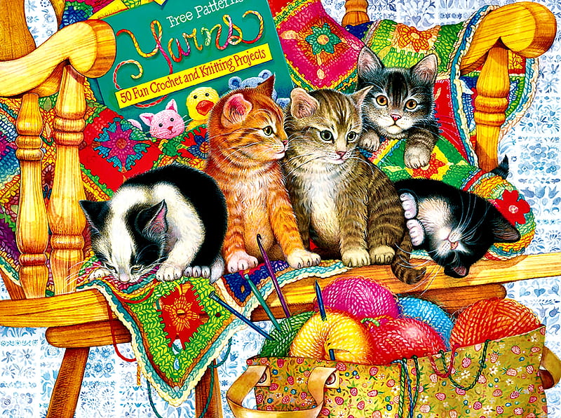 Knit Wits - Kittens F, art, bonito, pets, illustration, artwork, animal, feline, painting, wide screen, cats, HD wallpaper