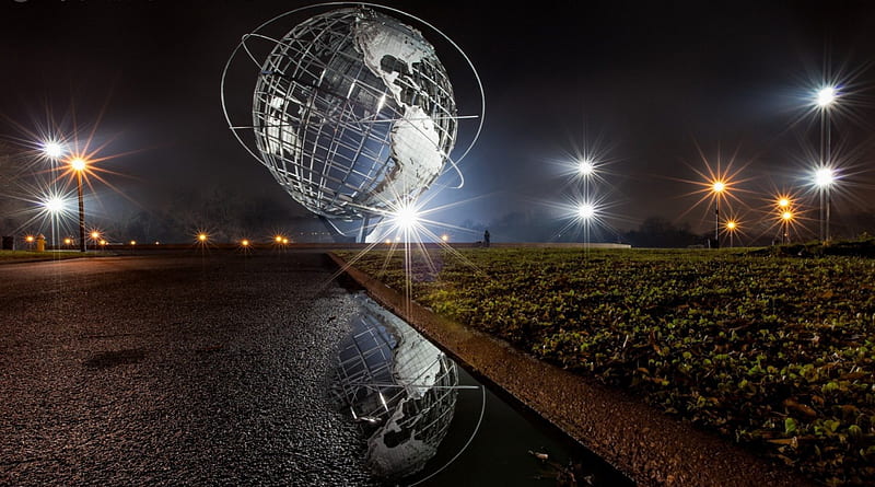 the unisphere at flushing meadow park nyc, globe, monument, puddle, park, lights, night, HD wallpaper