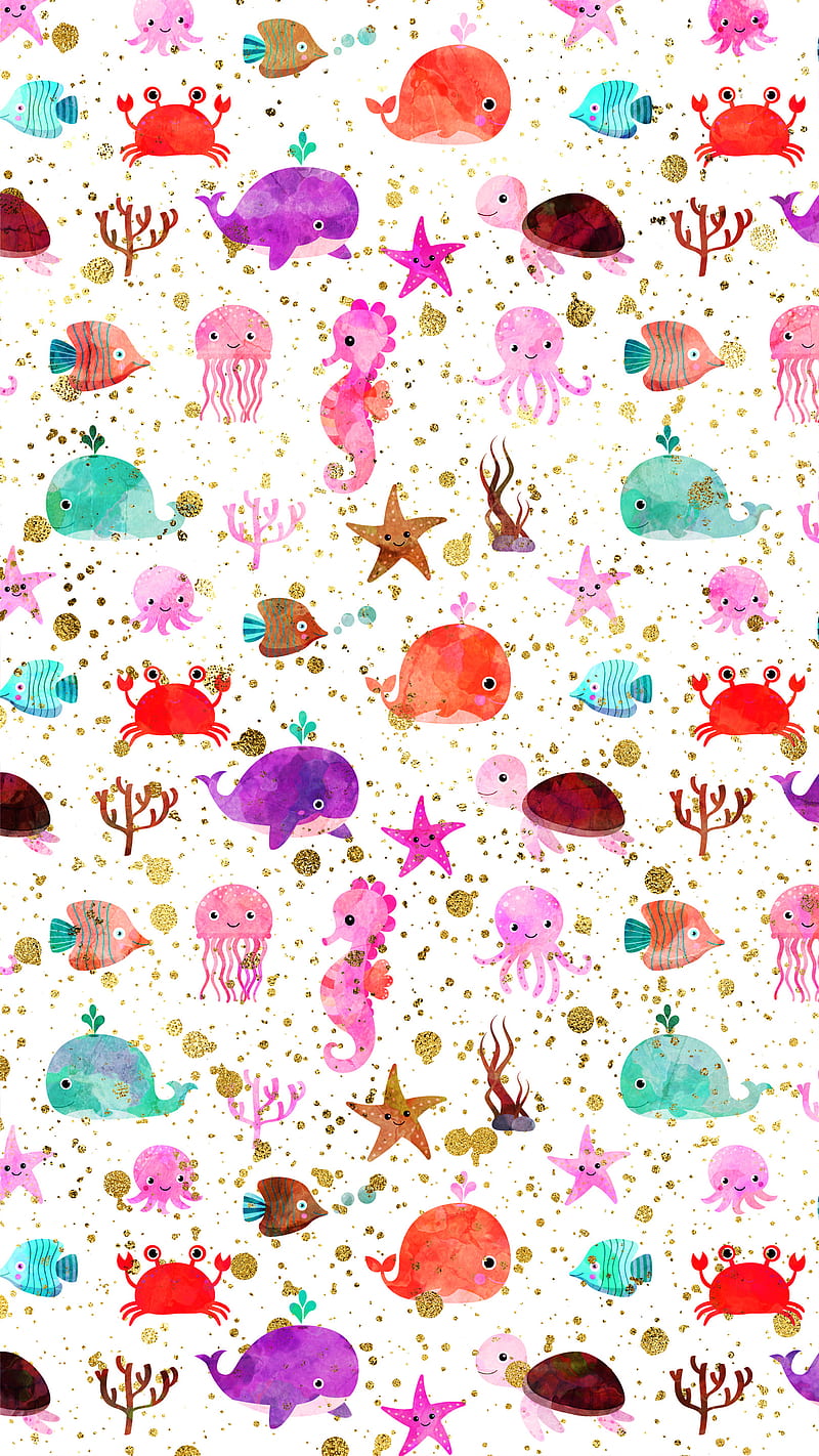 Glitter Sea Animals , Koteto, blush, gold, peach, purple, salmon, sea; animal; pattern; whale; summer; cute; background; kids; creatures; pink; blue; orange, teal, HD phone wallpaper