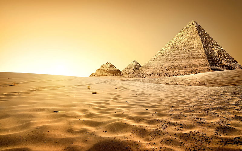 Pyramids, Egypt, Cairo, desert, sand, sunset, Africa, HD wallpaper