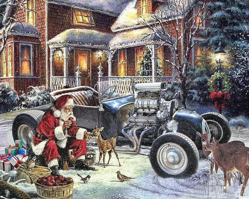 Santa's T Bucket, art, christmas, rod, xmas, santa, antique, hotrod, snow, drawing, car, painting, hot, classic, HD wallpaper