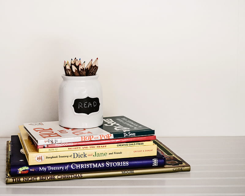 white ceramic pencil organizer on top of stack of books, HD wallpaper
