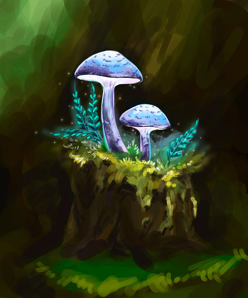 mushrooms, branches, particles, art, HD phone wallpaper