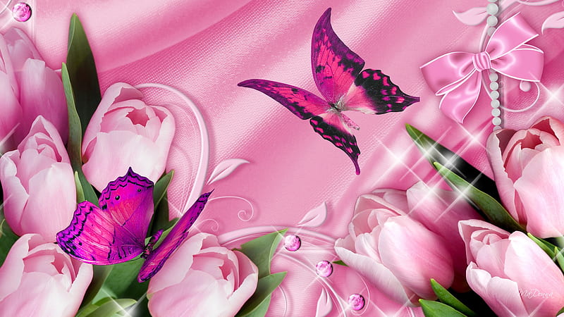 Tulip Celebration, stars, satin, ribbon, butterflies, spring, silk, bow, sparkles, flowers, tulips, pink, HD wallpaper