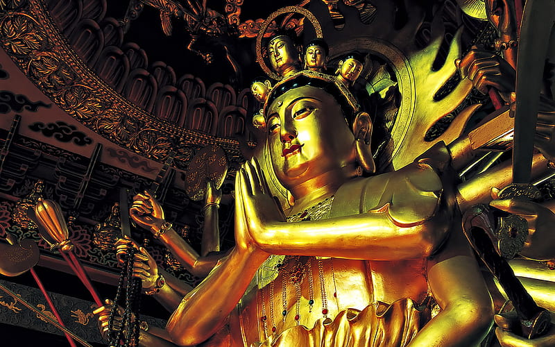 Gold and peaceful, hands, incense, gold, statue, religious, buddha, homage, pray, HD wallpaper