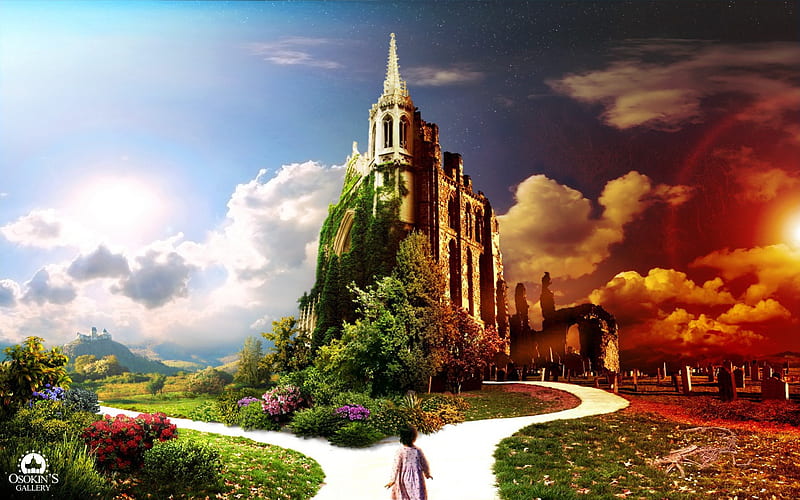 Live and Death is Only a Junction, colorful, , death, life, 3d and cg, wds, church, junction, heaven, graveyard, way, HD wallpaper