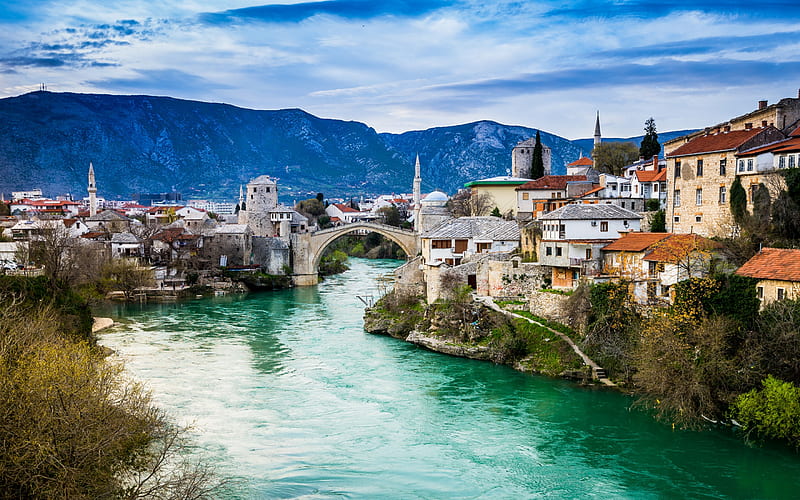 Mostar, Bosnia and Herzegovina, Old bridge, mountain landscape, evening, sunset, old town, Neretva River, Dinaric Alps, HD wallpaper