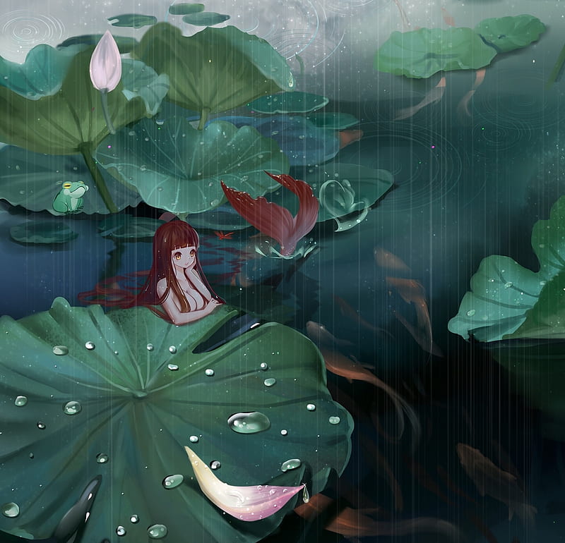 Rainy day, rain, leaf, lotus, luminos, mermaid, vara, fantasy, water, chen yuqian, girl, green, summer, HD wallpaper