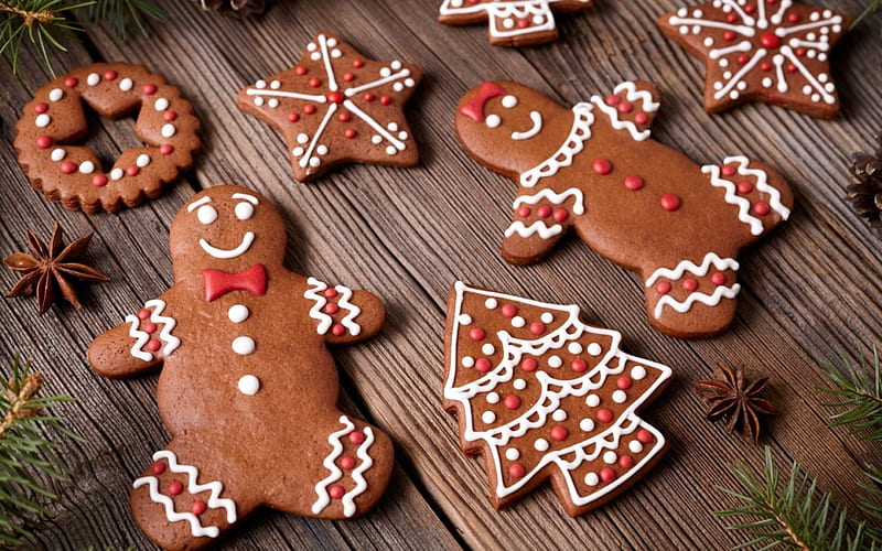 Merry Christmas!, deco, craciun, christmas, food, sweet, dessert, card, cookies, tree, gingerbrad, wood, HD wallpaper